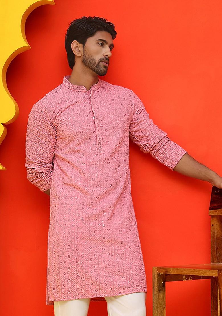 Magenta Embroidered Poly Blend Kurta For Men