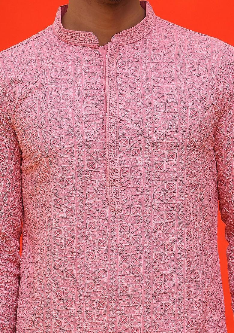 Magenta Embroidered Poly Blend Kurta For Men