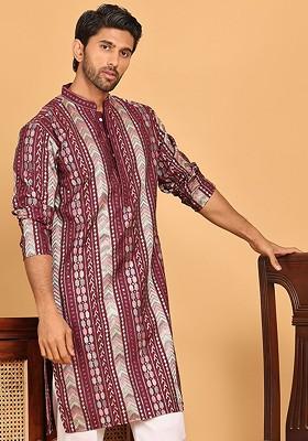 Maroon Embroidered Poly Blend Kurta For Men