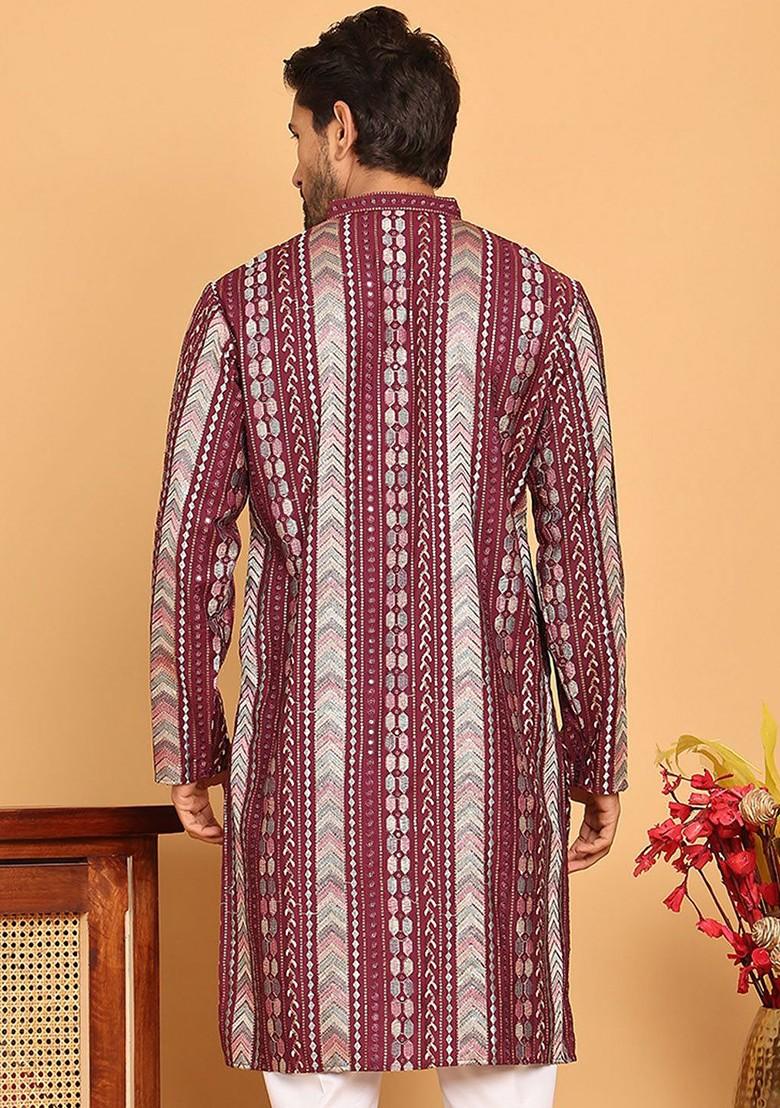 Maroon Embroidered Poly Blend Kurta For Men