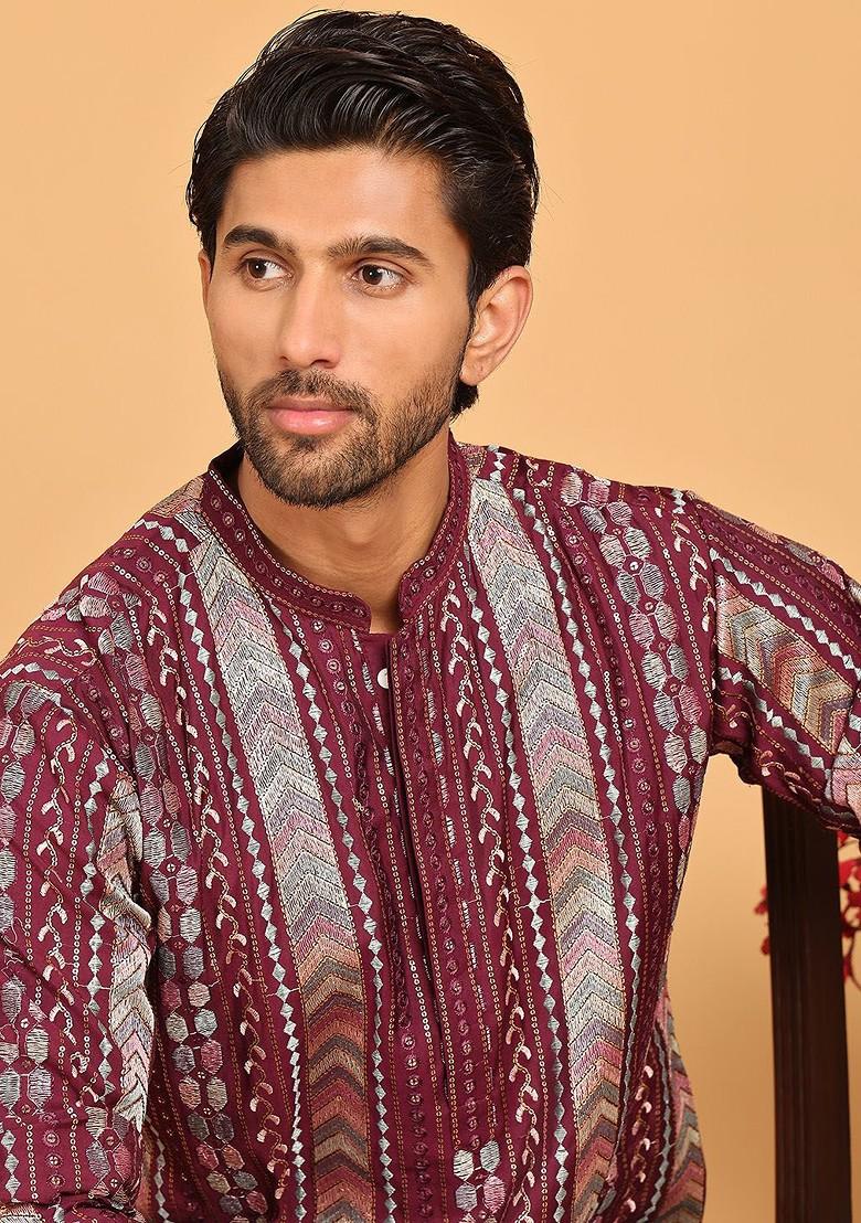 Maroon Embroidered Poly Blend Kurta For Men