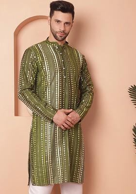Olive Embroidered Poly Blend Kurta For Men