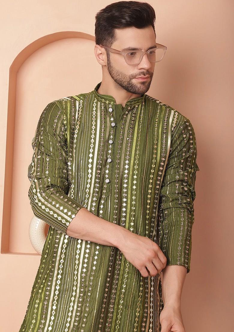 Olive Embroidered Poly Blend Kurta For Men