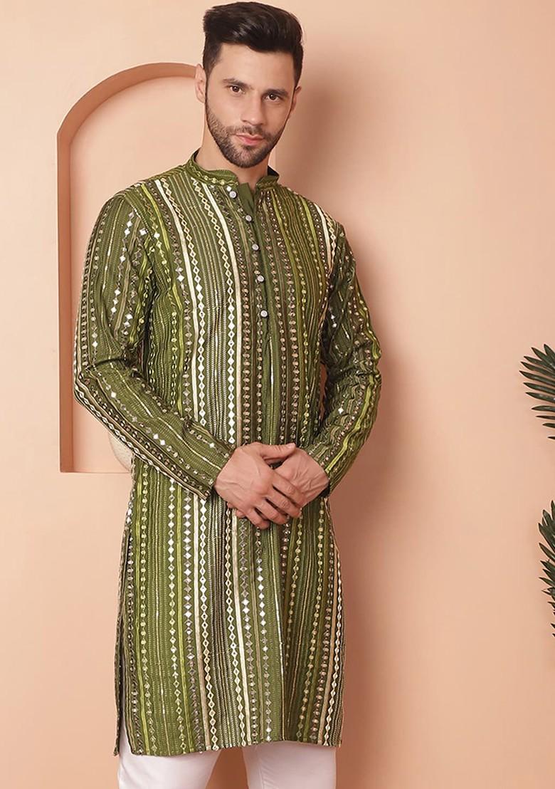 Olive Embroidered Poly Blend Kurta For Men