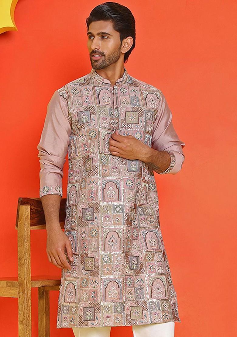 Peach Embroidered Poly Blend Kurta For Men