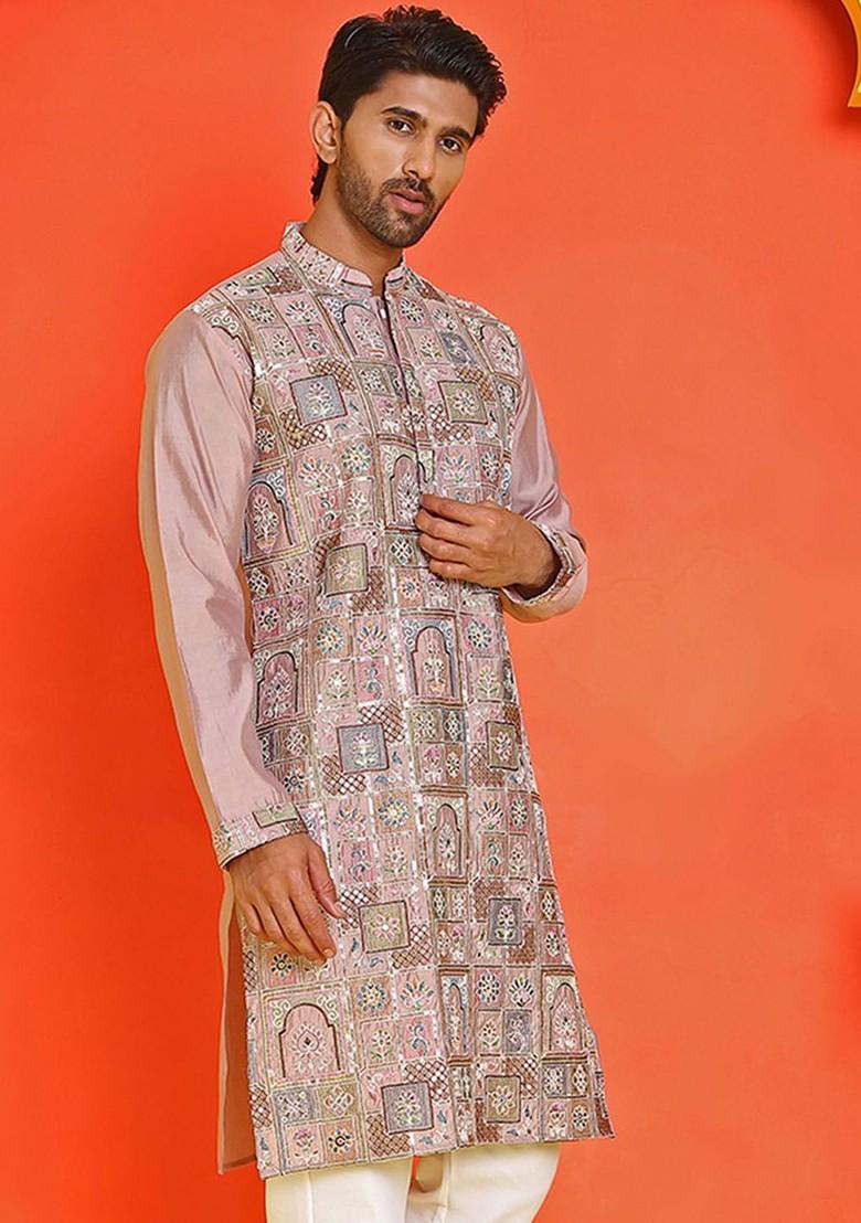 Peach Embroidered Poly Blend Kurta For Men