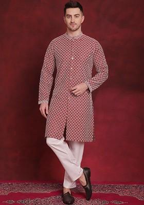 Maroon Embroidered Poly Blend Kurta For Men