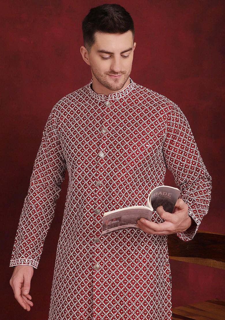 Maroon Embroidered Poly Blend Kurta For Men