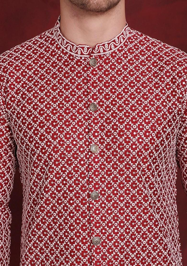 Maroon Embroidered Poly Blend Kurta For Men