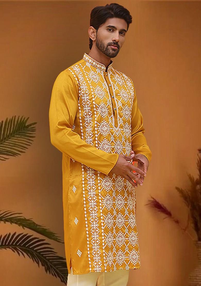 Mustard Yellow Embroidered Poly Blend Kurta For Men