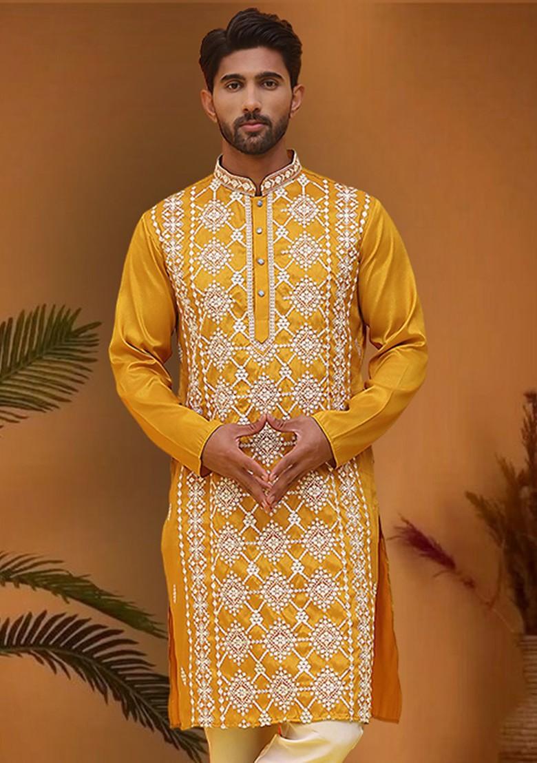 Mustard Yellow Embroidered Poly Blend Kurta For Men