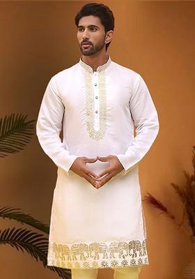 White Embroidered Poly Blend Kurta For Men