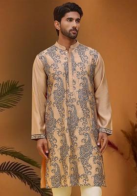 Beige Embroidered Poly Blend Kurta For Men