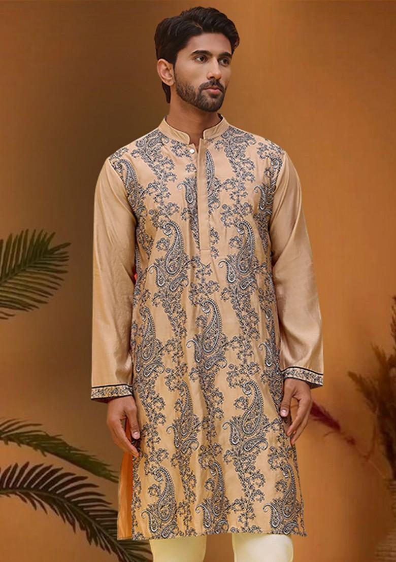 Beige Embroidered Poly Blend Kurta For Men