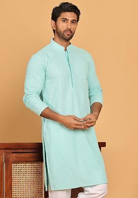 Turquoise Blue Embroidered Poly Blend Kurta For Men