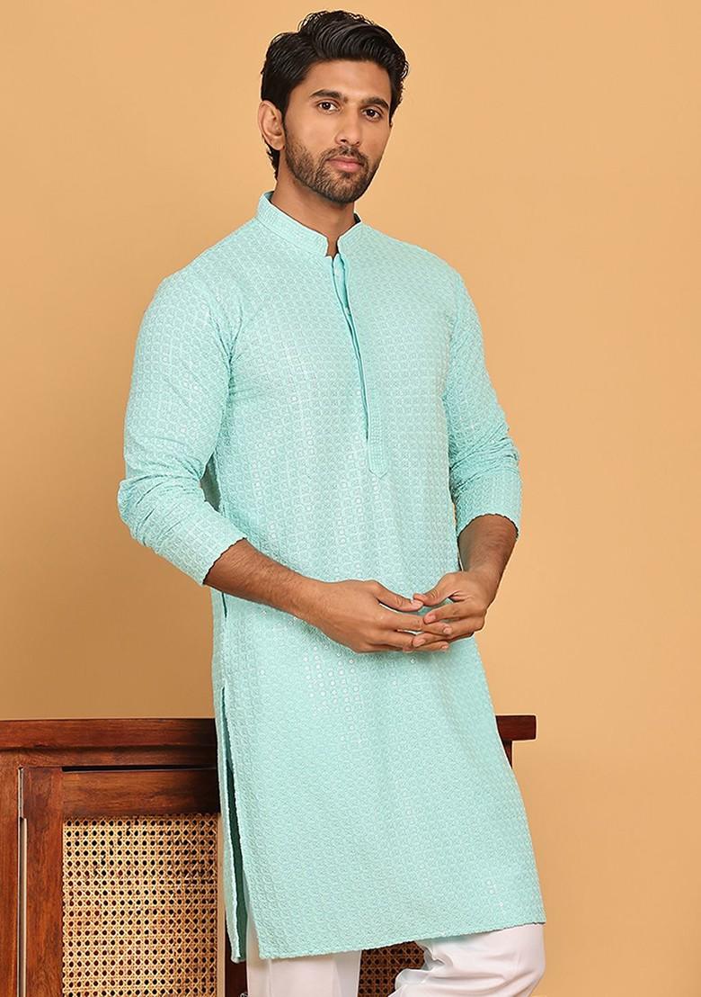 Turquoise Blue Embroidered Poly Blend Kurta For Men