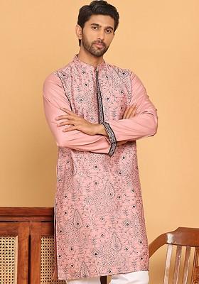 Magenta Embroidered Poly Blend Kurta For Men