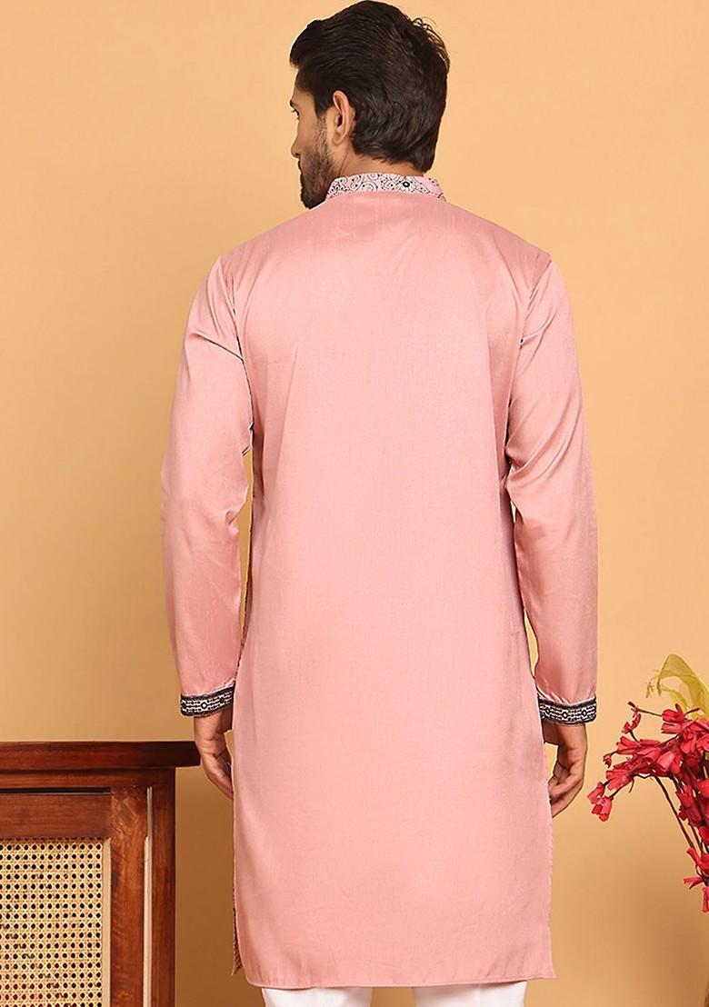 Magenta Embroidered Poly Blend Kurta For Men