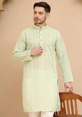 Green Embroidered Poly Blend Kurta For Men
