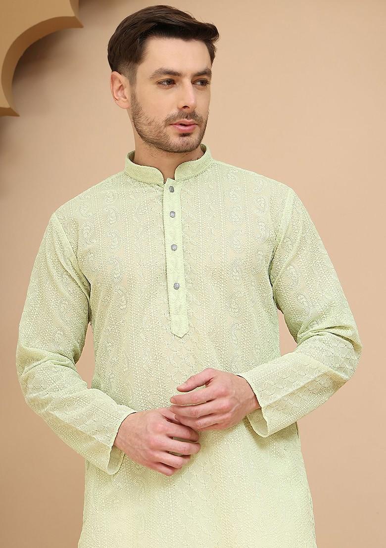 Green Embroidered Poly Blend Kurta For Men