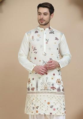 Off White Embroidered Poly Blend Kurta For Men