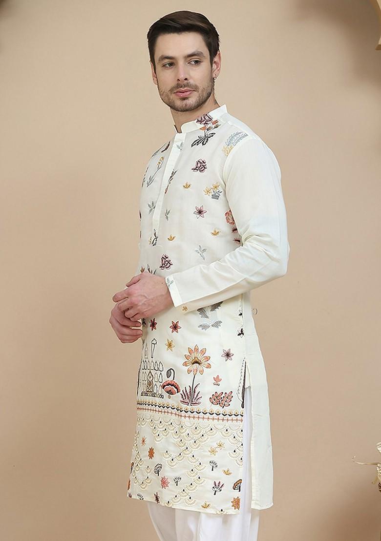 Off White Embroidered Poly Blend Kurta For Men