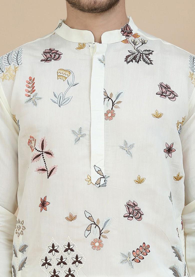 Off White Embroidered Poly Blend Kurta For Men