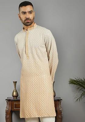 White Embroidered Poly Blend Kurta For Men