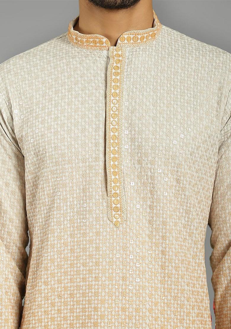 White Embroidered Poly Blend Kurta For Men