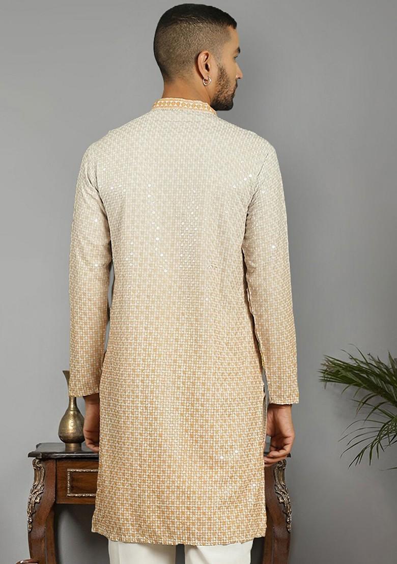 White Embroidered Poly Blend Kurta For Men