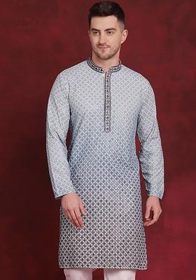 White Embroidered Poly Blend Kurta For Men