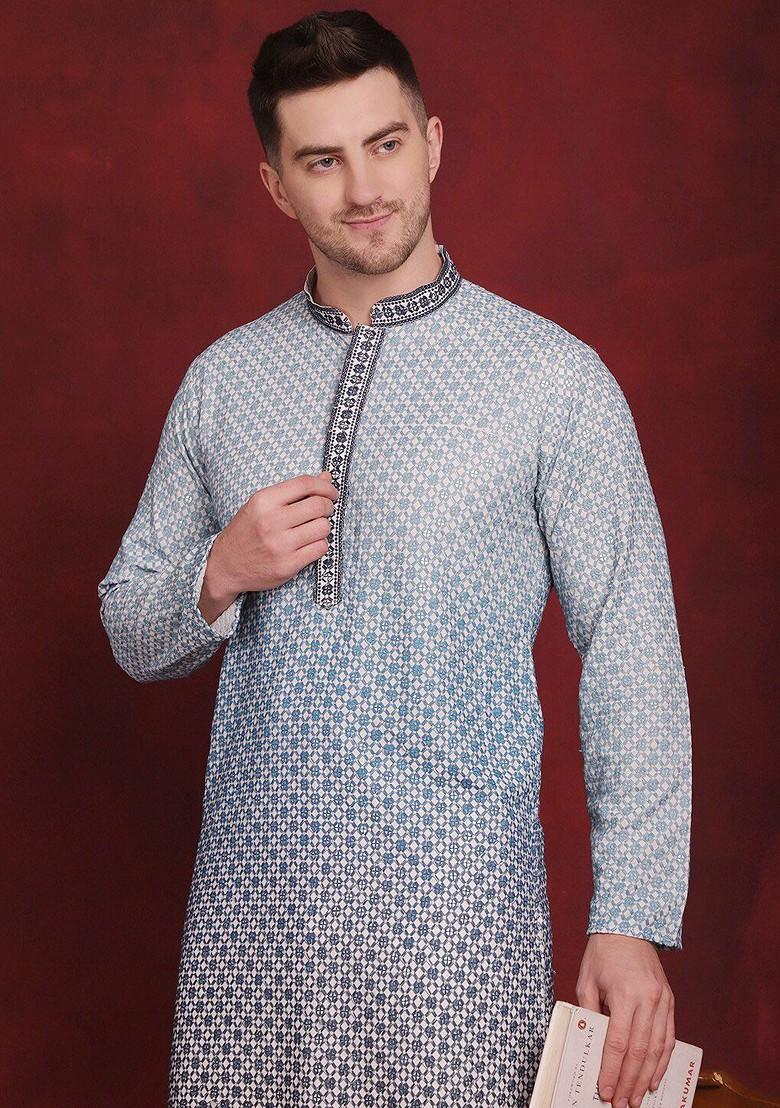 White Embroidered Poly Blend Kurta For Men