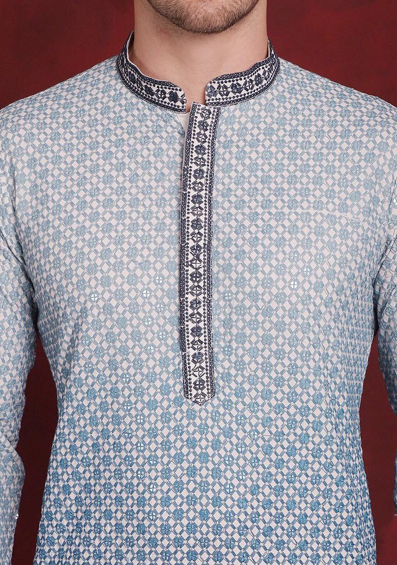 White Embroidered Poly Blend Kurta For Men
