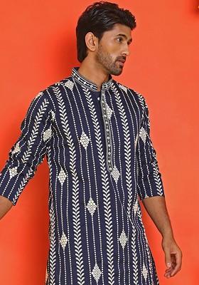 Navy Blue Embroidered Poly Blend Kurta For Men
