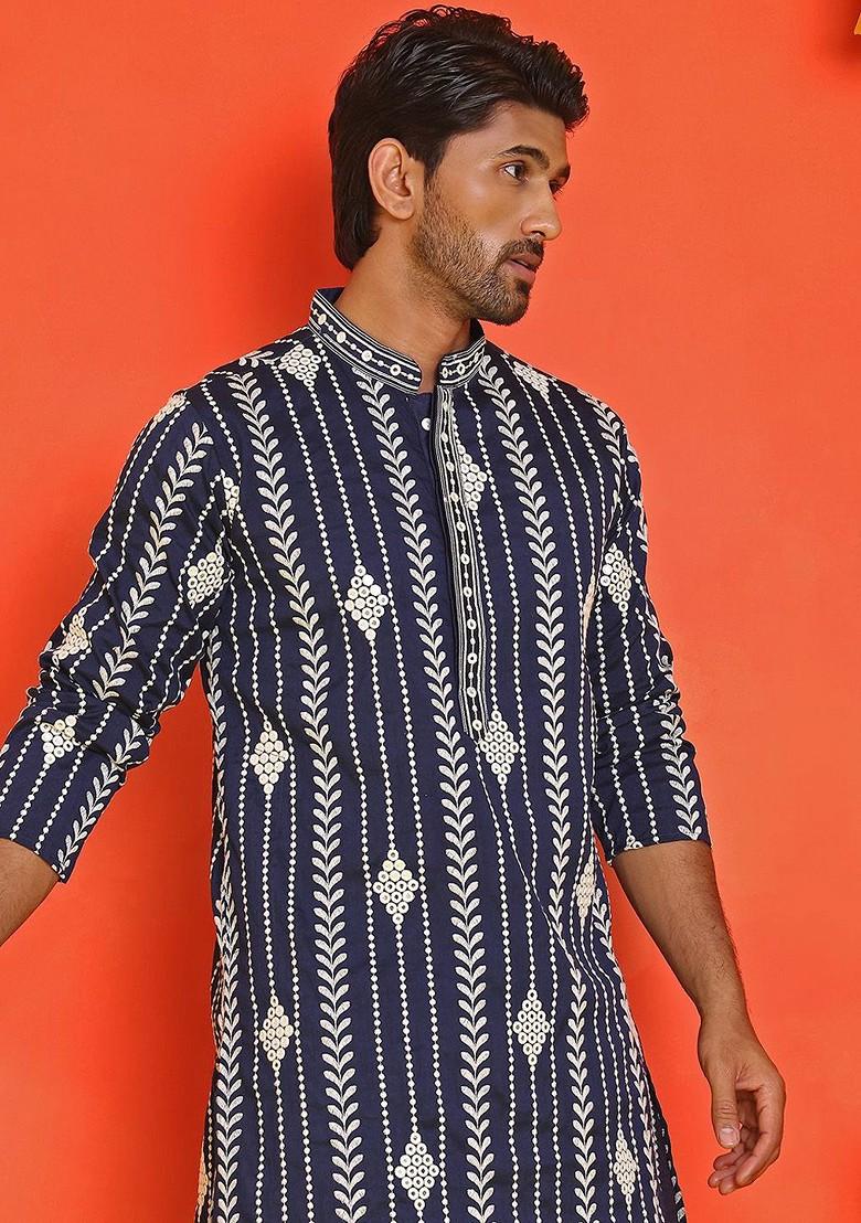 Navy Blue Embroidered Poly Blend Kurta For Men