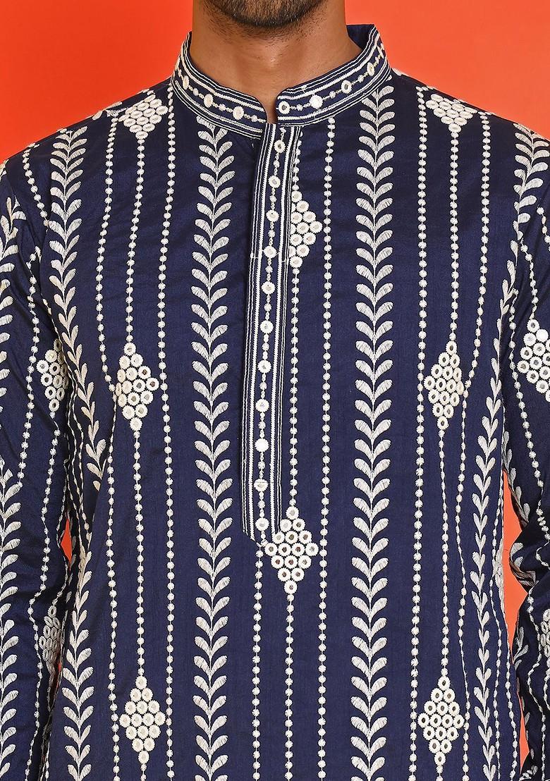 Navy Blue Embroidered Poly Blend Kurta For Men