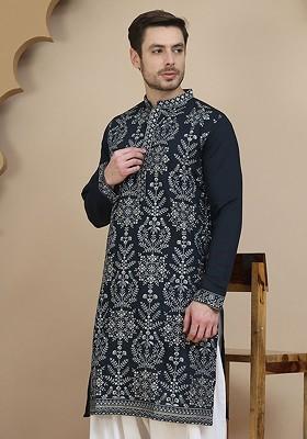 Navy Blue Embroidered Poly Blend Kurta For Men