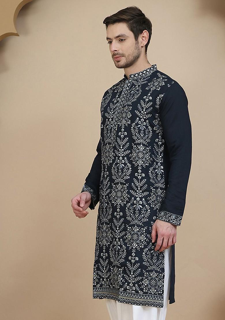 Navy Blue Embroidered Poly Blend Kurta For Men