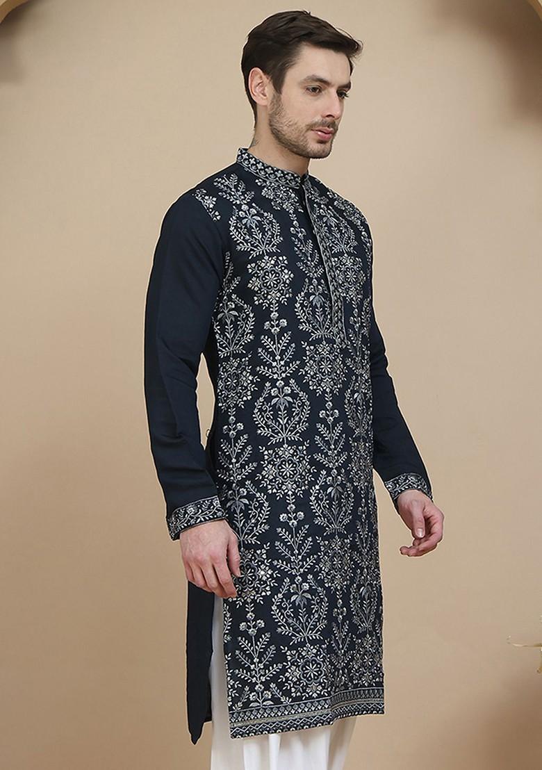 Navy Blue Embroidered Poly Blend Kurta For Men