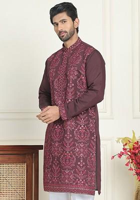 Purple Embroidered Poly Blend Kurta For Men
