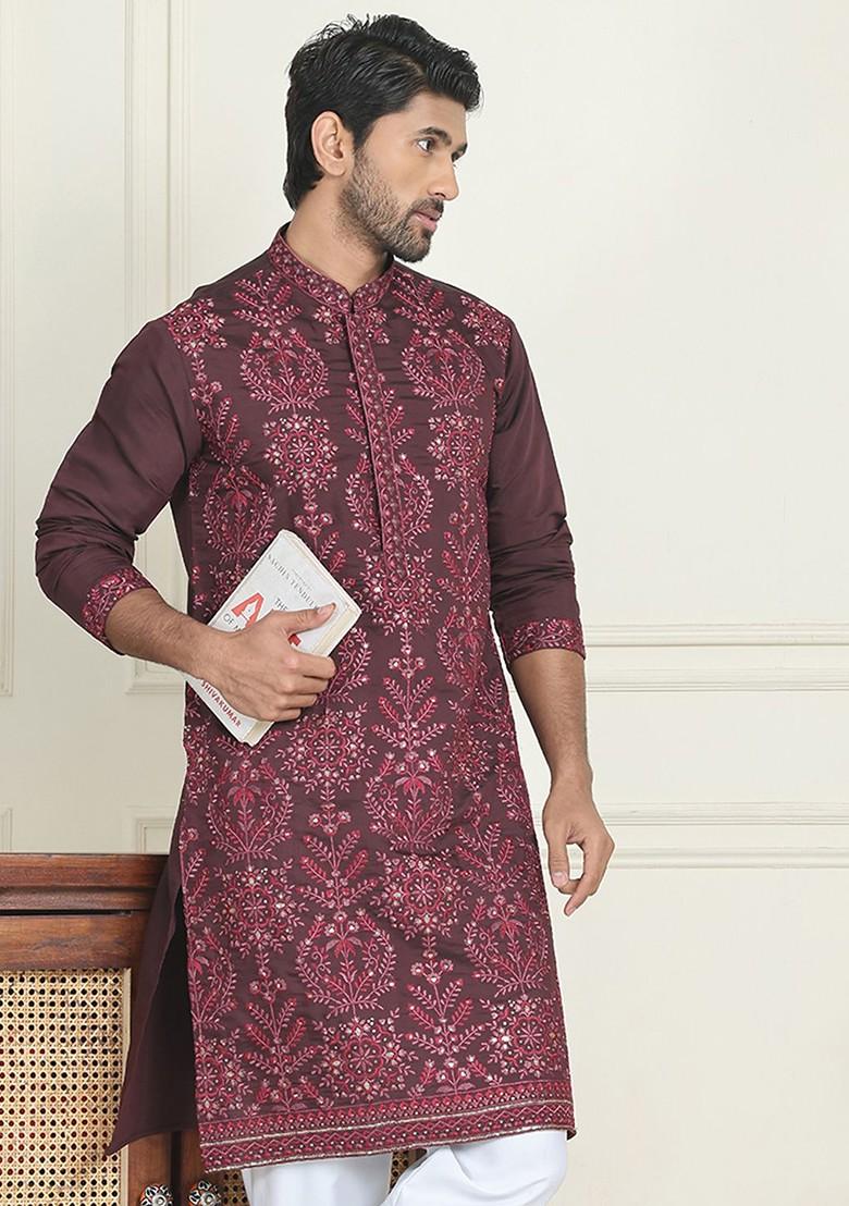 Purple Embroidered Poly Blend Kurta For Men