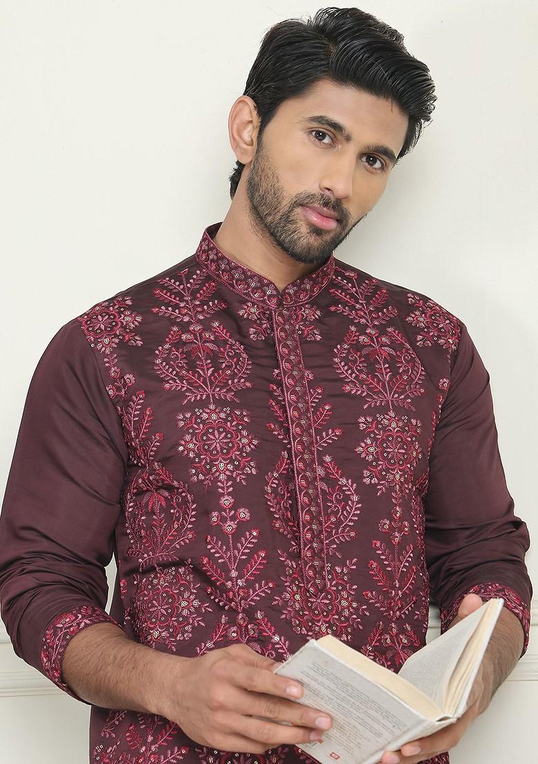 Purple Embroidered Poly Blend Kurta For Men