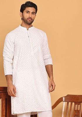 White Embroidered Poly Blend Kurta For Men
