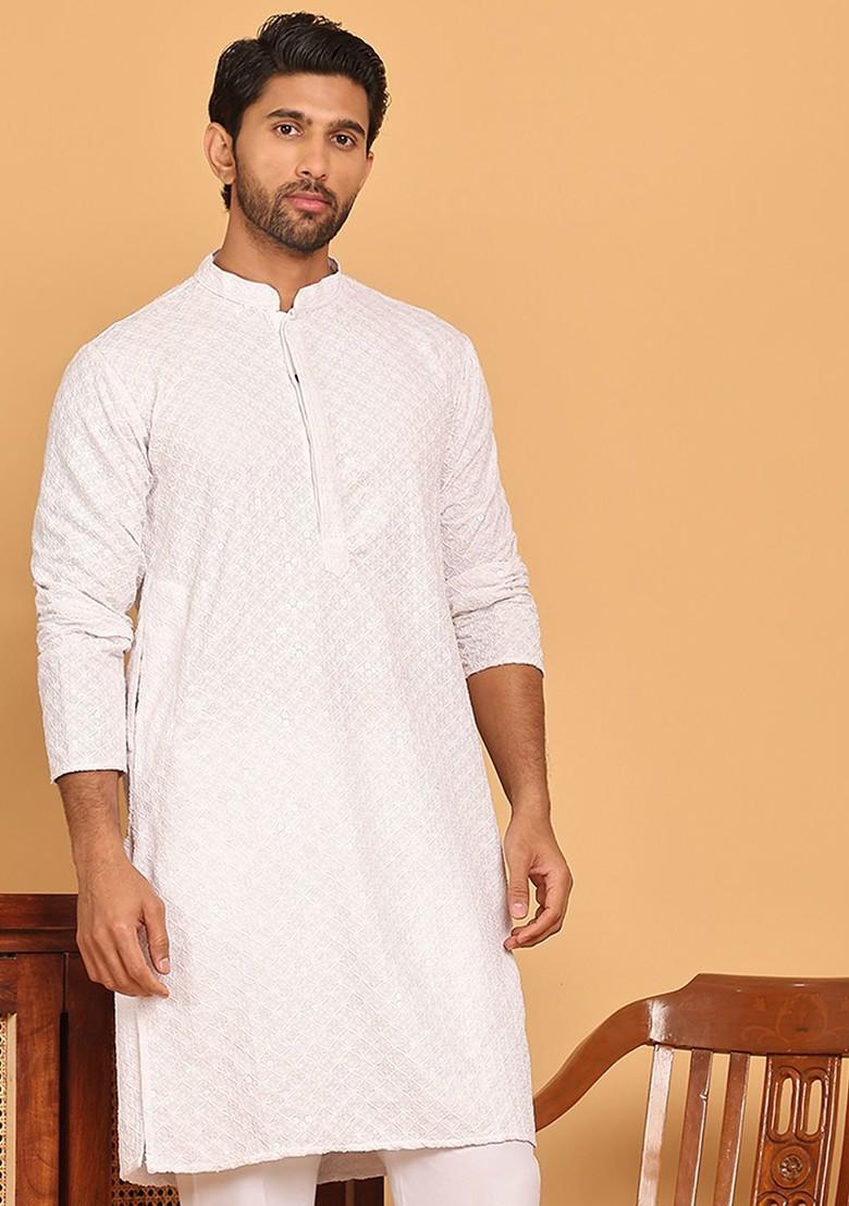 White Embroidered Poly Blend Kurta For Men