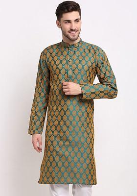 Green Woven Design Poly Blend Kurta For Men