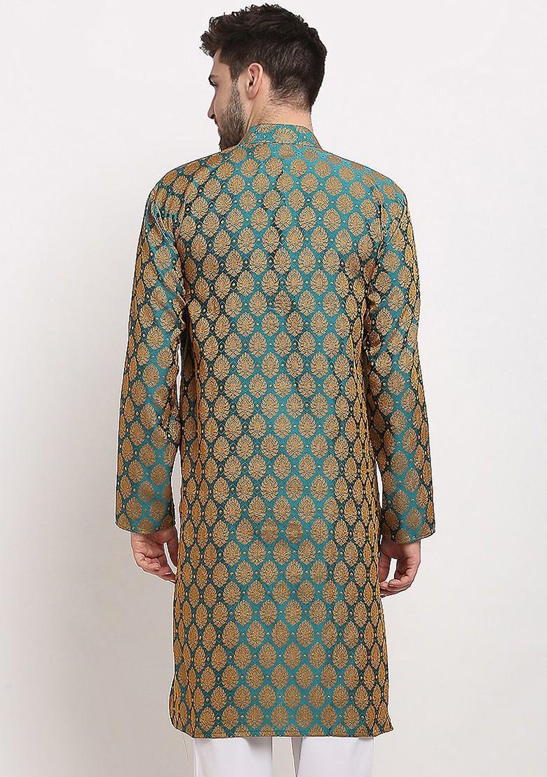 Green Woven Design Poly Blend Kurta For Men