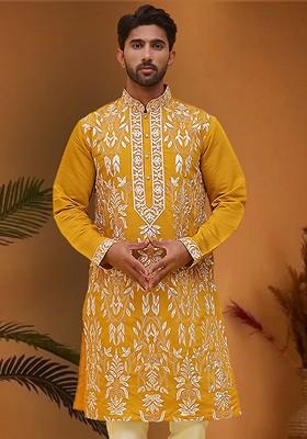Mustard Yellow Embroidered Poly Blend Kurta For Men