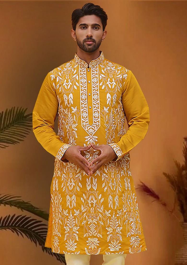 Mustard Yellow Embroidered Poly Blend Kurta For Men