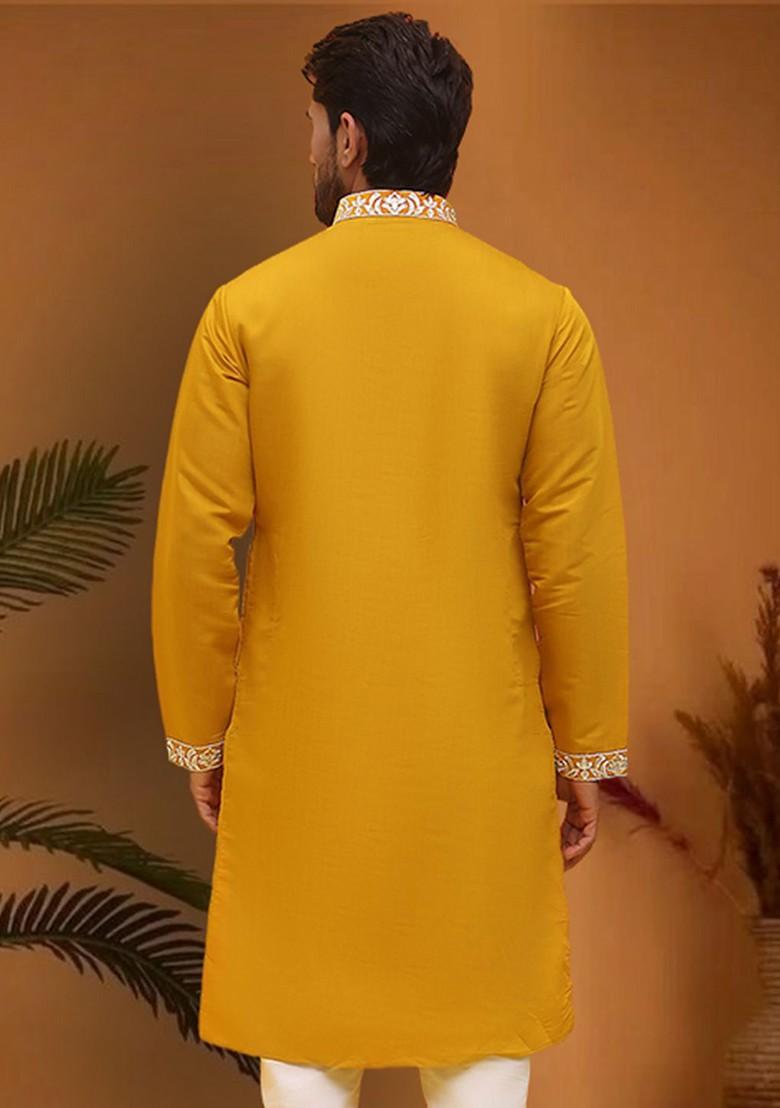 Mustard Yellow Embroidered Poly Blend Kurta For Men