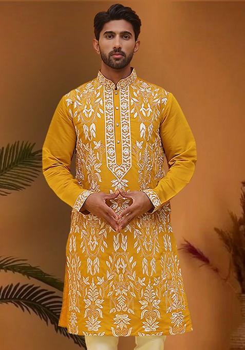 Mustard Yellow Embroidered Poly Blend Kurta For Men — view on Indya